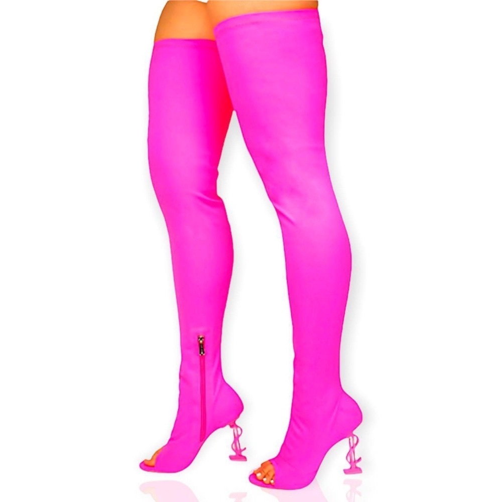 NEON HOT PINK THIGH HIGH PEEP TOE BOOTS WITH DOLLAR SIGN MONOGRAM HEELS